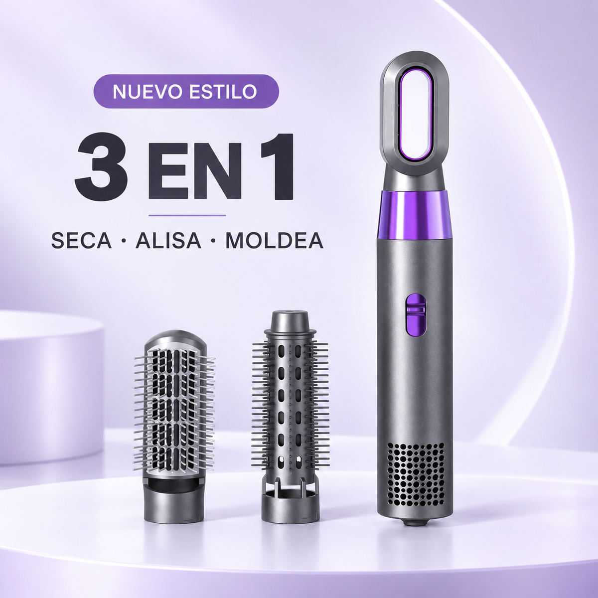 Secador, alisador y moldeador de aire 3 en 1 con sus dos cabezales intercambiables
