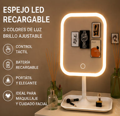 Espejo de tocador LED recargable con luces regulables de 3 colores, espejo cosmético portátil con Control táctil