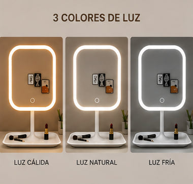 Espejo de tocador LED recargable con luces regulables de 3 colores, espejo cosmético portátil con Control táctil