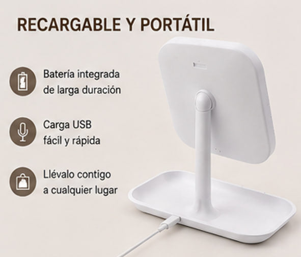 Espejo de tocador LED recargable con luces regulables de 3 colores, espejo cosmético portátil con Control táctil